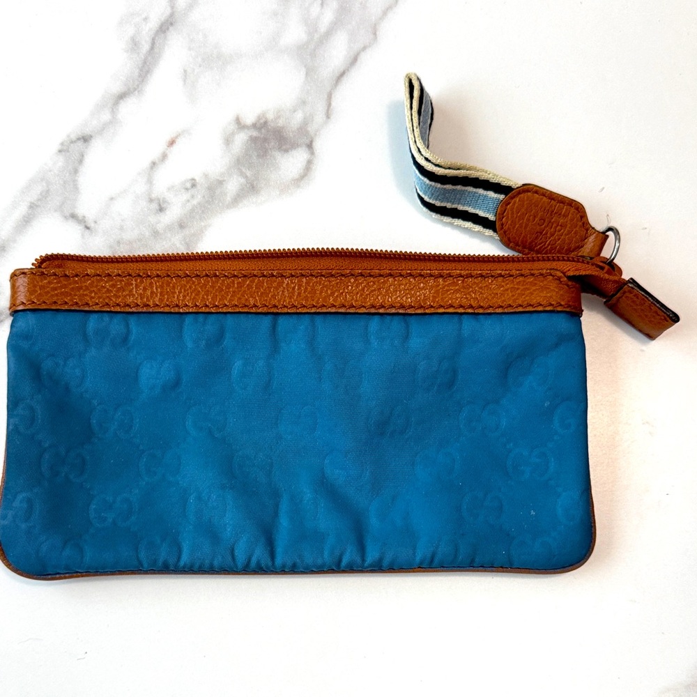 Gucci Blue and Tan Wristlet Pouch